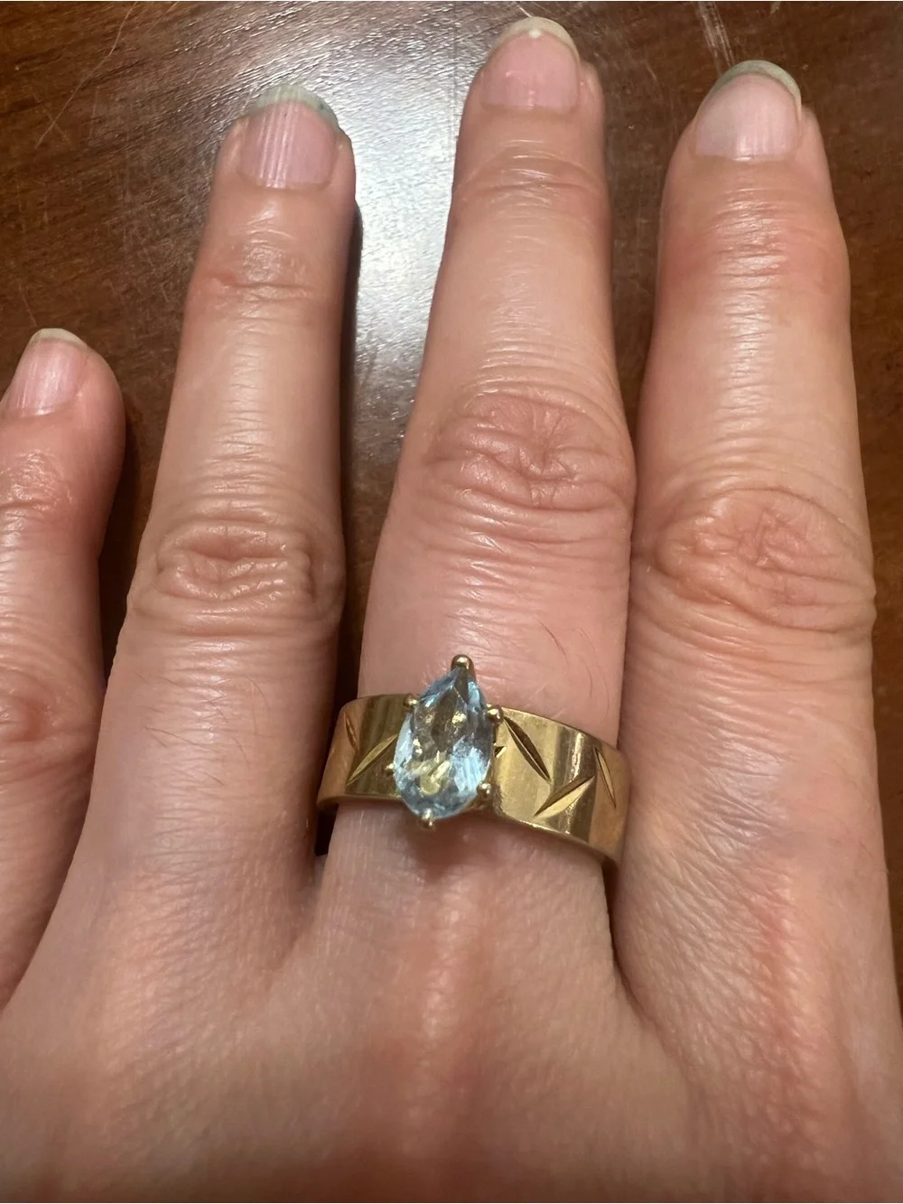 Pear-Shaped Light Blue Stone Gold-Tone Band Ring